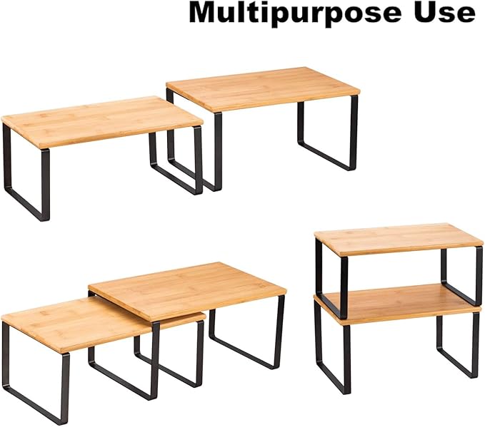 NEX Kitchen Cabinet and Counter Shelf Organizer, Stackable & Expandable, Set of 4, Black and Natural