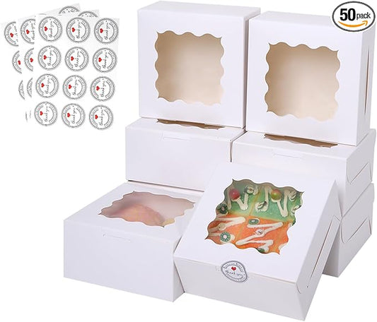 36 pcs 6x6x3 Inches Small Cake Box with Window, Bakery Pastry Cookie Boxes, Mini Pie for Pastry,Dessert,Strawberries,Chocolates, Cupcakes with paper stickers (white)