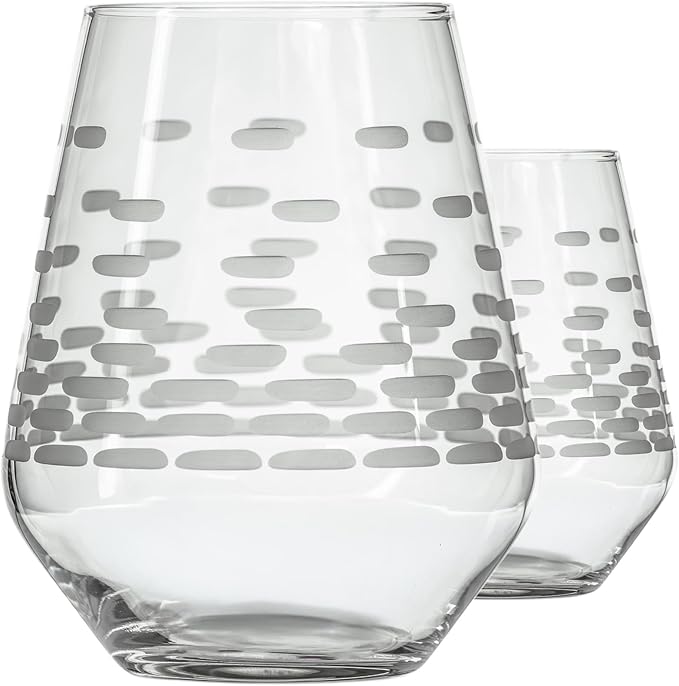 Rolf Glass Strata Stemless Wine Tumbler | Made in America | 18oz Stemless Wine Glass | Diamond Engraved Crystal Glass | Geometric Brick Design | Set of 2