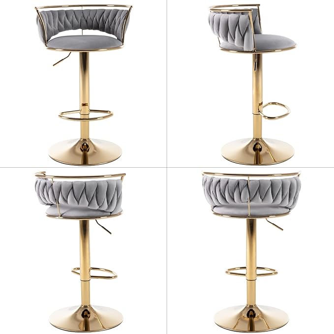 LukeAlon Modern Velvet Adjustable Barstools Set of 4, 360° Swivel Counter Stools with Golden Base Upholstered Open Back Tall Bar Chairs with Footrest for Home Pub Kitchen, Grey