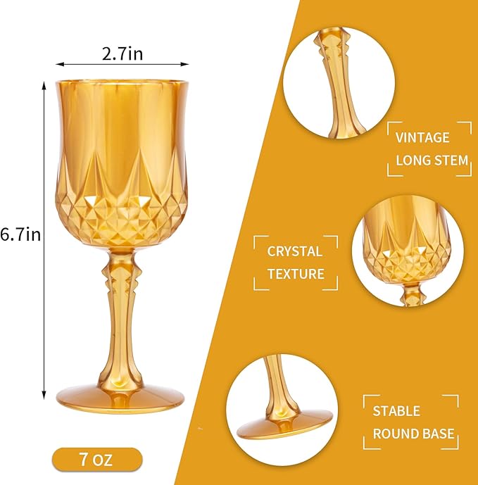 JLYLOL Plastic Vintage Wine Glasses 7OZ Plastic Goblets Vintage Drinking Glasses 24PCS Retro Wedding Glassware Water Goblets Reusable Drinking Cups for Party,Reception,Celebration,Bar,Whiskey(Amber)