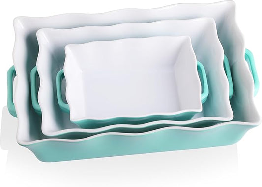 Sweejar Casserole Dishes for Oven, Ceramic Bakeware Set of 3, Rectangular Baking dish with Handles, Wave Edge Lasagna Pan Deep for Cooking, Cake, Dinner, Banquet and Daily Use (Turquoise)