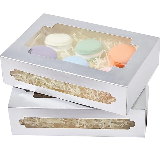 qiqee Silver Cookie Boxes for Gift Giving 8x5.3x2 inch 24Packs Silver Treat Box with Window Bakery Box for Donuts Candies and Biscuit