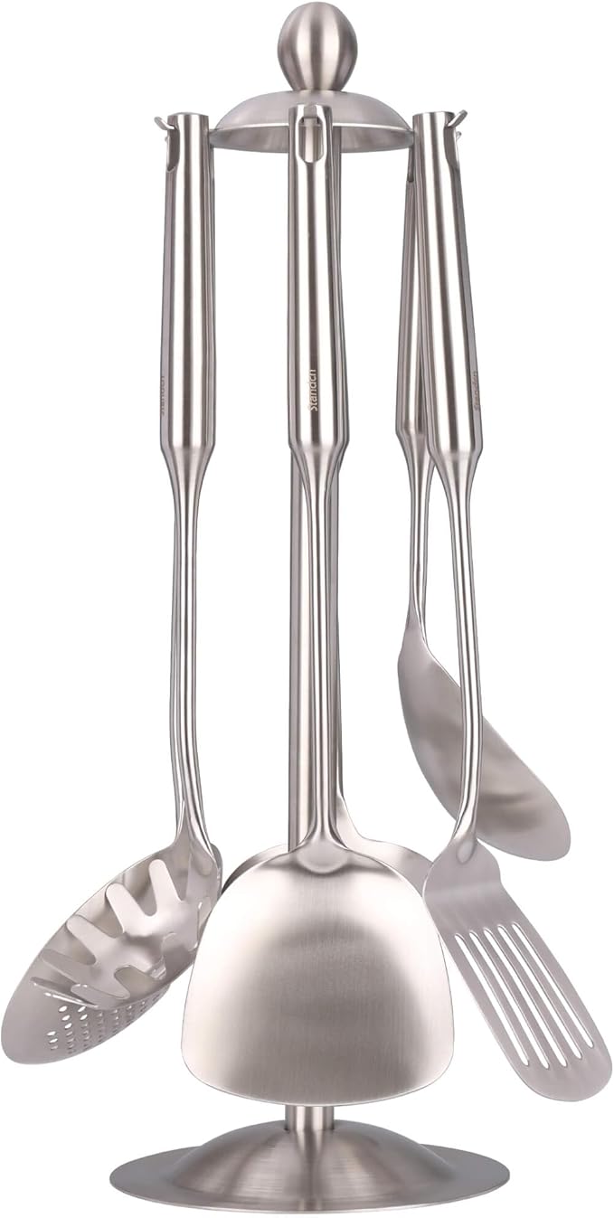 18/10 Stainless Steel Kitchen Utensils Set - 15’’ All Metal Cooking Utensils with Countertop Rotating Holder Stand, Spatula, Ladle, Skimmer, Slotted Turner, Pasta, Large Spoon Set of 7