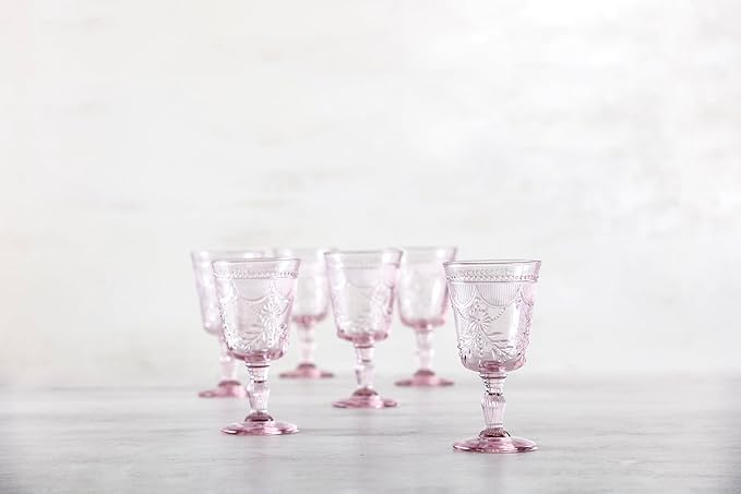 FORTESSA Debutante Vintage Themed Glassware, 10 Ounce Water Goblets (Set of 6), Dishwasher-Safe Water Glasses, Pink