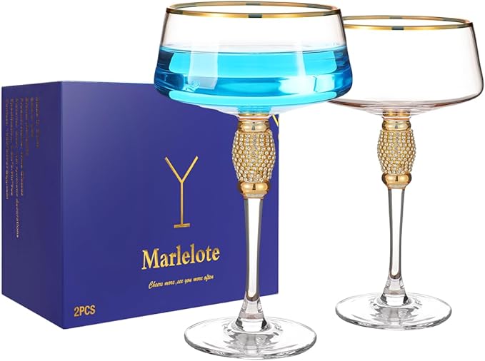 Gold Martini Glasses,Coupe Glass set of 2,Cocktail Glasses,Gold Rimmed&Rhinestones,Margarita Glass,Champagne Tower,Scocktail,Art Deco Glassware,Home Parties,9OZ.