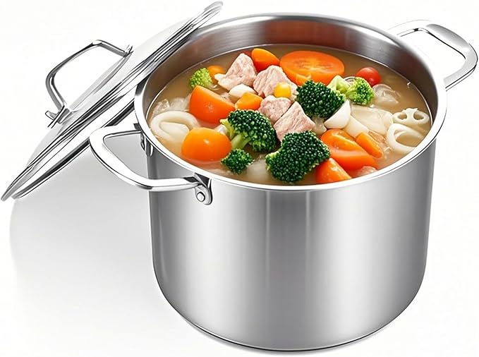 20-QT Stock Pot with Lid, Tri-Ply Stainless Steel for High Heat, Crock for Simmering, Clear Glass Lid, Double Handles, Dishwasher Safe