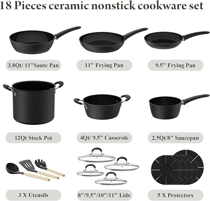 18 Pcs Pots and Pans Set Non Stick with 12-Quart Stock Pot, Nonstick Kitchen Cookware Sets with Utensils, Large Capacity Ceramic Cookware Set, PTFE/PFAS/PFOA Free, Black