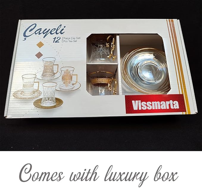 Gold Vintage Turkish Moroccan Persian Arabic Tea Glasses Cups and Saucers Set of 6 Drinking Glassware Party Adults Fancy Coffee Drinks Kettle Women Teacup Handle Drinkware Teapot