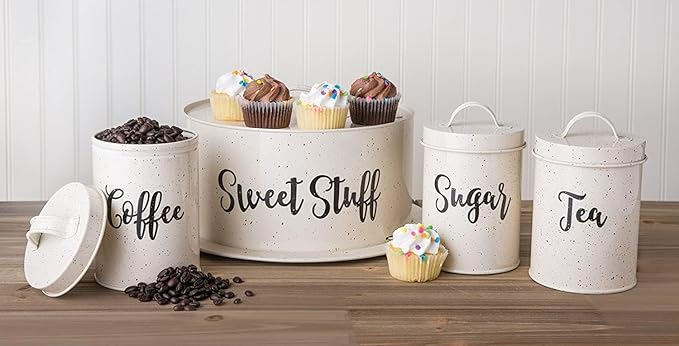 Amici Home Maddox Metal Coffee Canister | Dry Food Storage Container | Speckled Cream Canister for Kitchen Countertop | Storage Jar for Coffee with Handle | 44 Oz