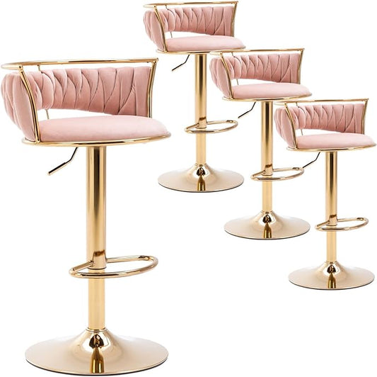 LukeAlon Velvet Adjustable Barstools Set of 4, Modern 360° Swivel Counter Stools with Golden Base Upholstered Open Back Tall Bar Chairs with Footrest for Home Kitchen, Pink