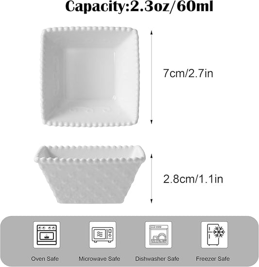 UIBFCWN 6 Pack Ceramic Dip Bowls Set, 2.3oz White Dipping Sauce Bowls/Dishes for Tomato Sauce, Square Side Dishes, Mini Appetizer Plates for Condiment
