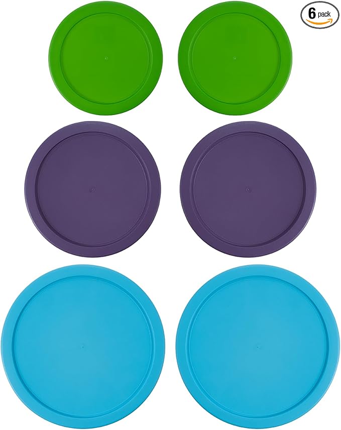Replacement Lids for Pyrex Containers Round Glass Food Plastic (2) 2-Cup Green (2) 4-Cup Purple (2) 7-Cup Light Blue