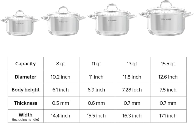 SUNHOUSE Stainless Steel Stock Pot - 11 Quart Heavy-Duty Induction Cooking Pot with Visible Lid for Pasta, Soup, Spaghetti - Nonstick Thick-Bottom Deep Stockpot for Canning, Boiling, and Simmering