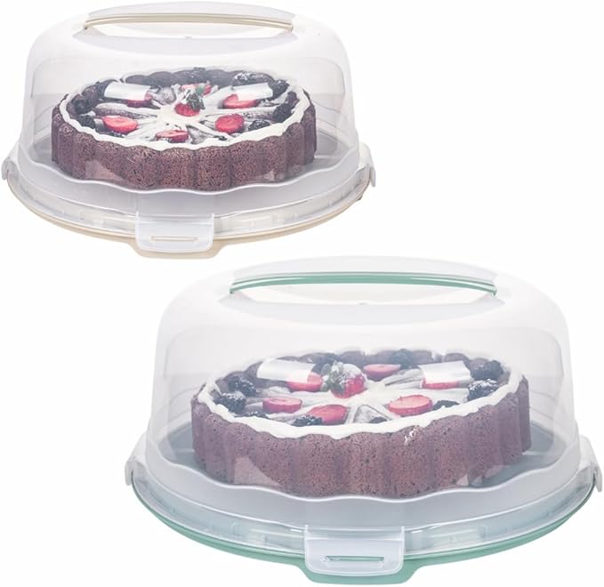13 Inch Cake Carrier with Locking Lid and Handle, Stylish Big Round Container for Kitchen Storage, BPA Free Stand, Plastic Holder for Transporting, Donuts, Cupcakes, Pies (2 Colors Set, 13 in)