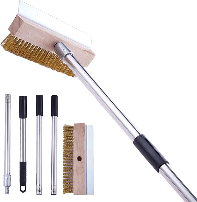 Aluminum Pizza Oven Brush, Grill Brush, Wire Brushes, with Scraper and 4 Sections of Detachable Long Rod Design for Commercial Cleaning, Kitchens, Restaurants, BBQ Shelf Or Any Grill