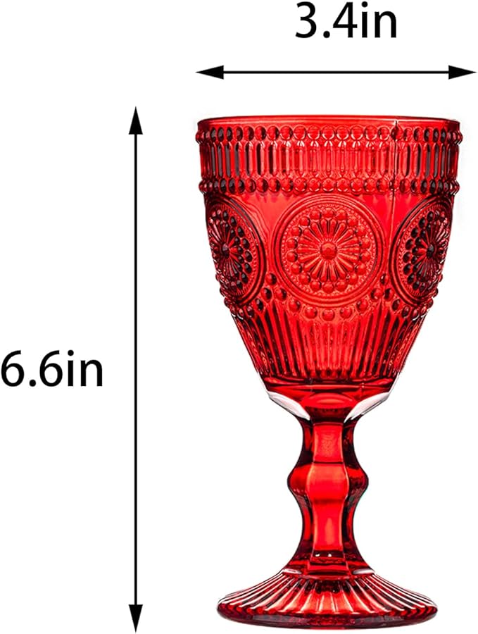Red Vintage Wine Glasses Set of 6, 10 Ounces Colored Glass Water Goblets, Unique Floral Embossed Pattern High Clear Stemmed Glassware Wedding Party Bar Drinking Cups Fancy Glasses Hand Wash Only