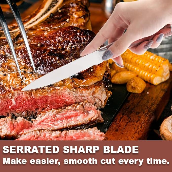 Pakkawood Steak Knives Set of 12, 12PCS Set of Stainless Steel Serrated Steak Knives with Pakka Wood Handle, Fine Edge Dinner Knife Set with Gift Box for Home Party