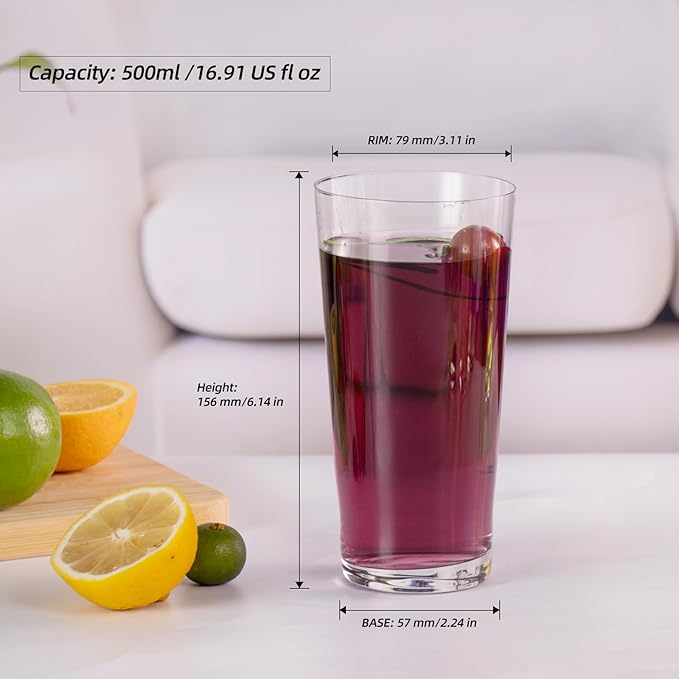 KAMMAK Drinking Glasses Set of 2, 17oz Crystal Water Glasses, Everyday Tall Glass Cups, Highball Glass for Cocktail, Juice, Mojito, Iced Tea, Kitchen and Bar Glassware Gifts,Collins Glasses