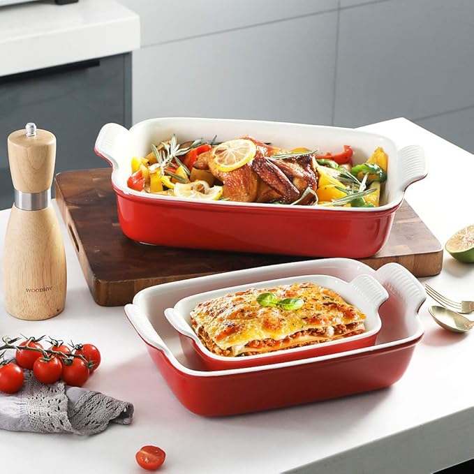 Sweejar Baking Pans Set, Ceramic 9x13 Baking Dish with Handle, Rectangular Casserole Dishes for Oven, Bakeware Sets of 3, Durable Lasagna Pan Deep for Kitchen, Banquet, Wedding Gift(Red)