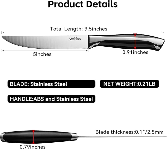 AmHoo Steak Knives Set of 6 Non Serrated 5-inch High Carbon Stainless Steel Ultra Sharp ABS Handle