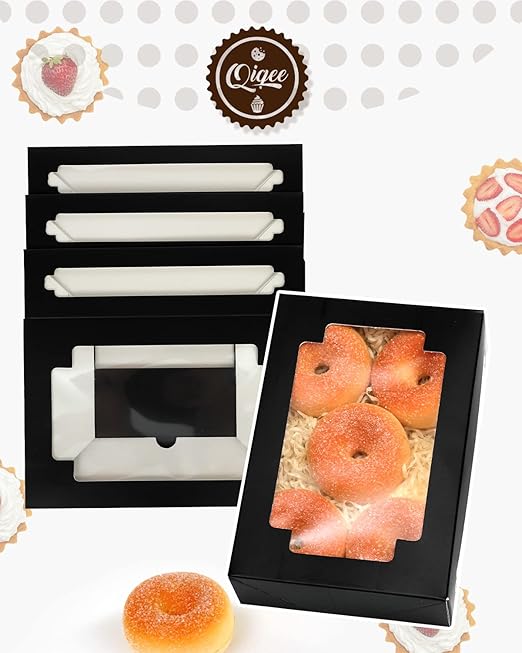 qiqee 50Packs Auto-pop Black Cookie Boxes for Gift Giving 8x5.3x2 inch Black One Second Fold Bakery Box with Window Treat Box for Donuts Candies and Biscuit