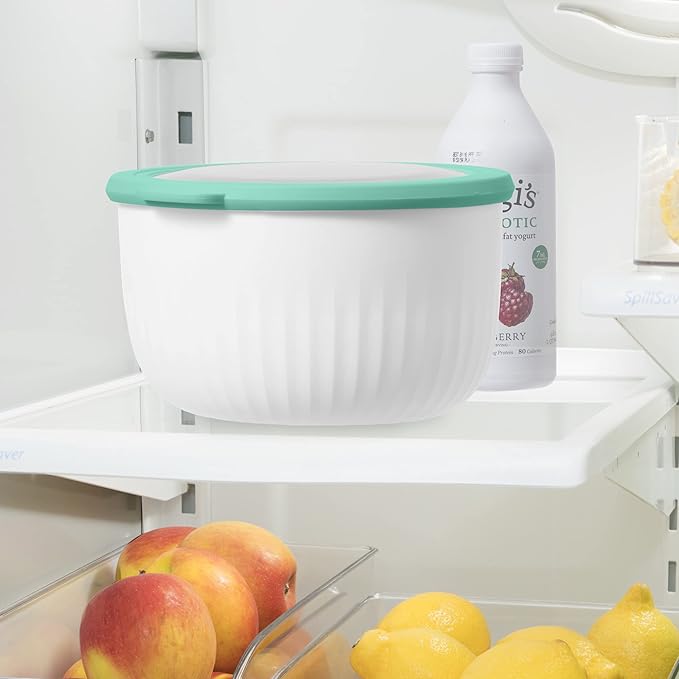 Oggi Prep, Store & Serve Plastic Bowl w/See-Thru Lid- Dishwasher, Microwave & Freezer Safe, (2.6 qt) White/Aqua
