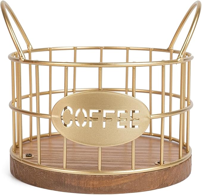 Coffee Pod Holder for Counter, K Cup Holders Coffee Pods Storage Organizer,Coffee Bar Basket with Wooden Base for Kitchen Office Desktop (Gold)
