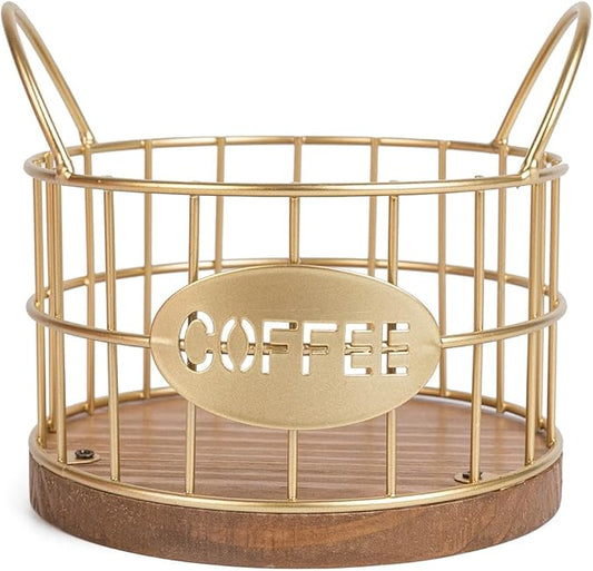 Coffee Pod Holder for Counter, K Cup Holders Coffee Pods Storage Organizer,Coffee Bar Basket with Wooden Base for Kitchen Office Desktop (Gold)