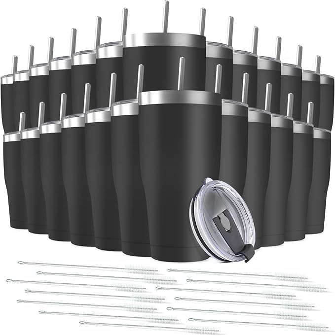 25 Pack 20oz Stainless Steel Tumblers Bulk Reusable Travel Mugs with Lid, Double Wall Powder Coated Coffe Cup for Home, Office, Outdoor Suitable for Vehicle Cup Holders