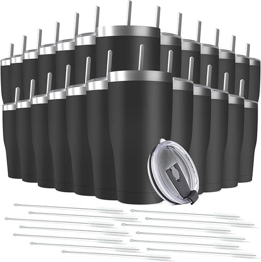 25 Pack 20oz Stainless Steel Tumblers Bulk Reusable Travel Mugs with Lid, Double Wall Powder Coated Coffe Cup for Home, Office, Outdoor Suitable for Vehicle Cup Holders