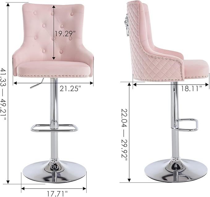 Velvet Lion Bar Stools Set of 6, Modern Height Adjustable Swivel Barstools with Chrome Base, Tufted Counter Height Bar Stools Upholstered Bar Chairs for Kitchen Island, Dining Room, Pink