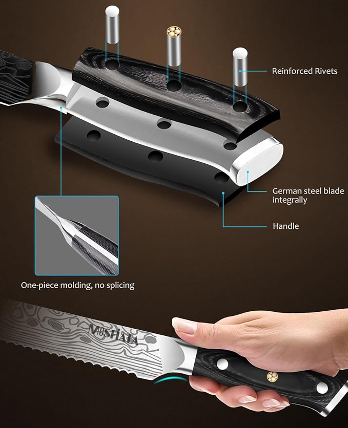 MOSFiATA Bread Knife 8” Ultra Sharp Serrated Knife, German High Carbon Stainless Steel EN1.4116 Bread Slicer with Bread Lame, Micarta Handle, For Bread, Cake, Bagels