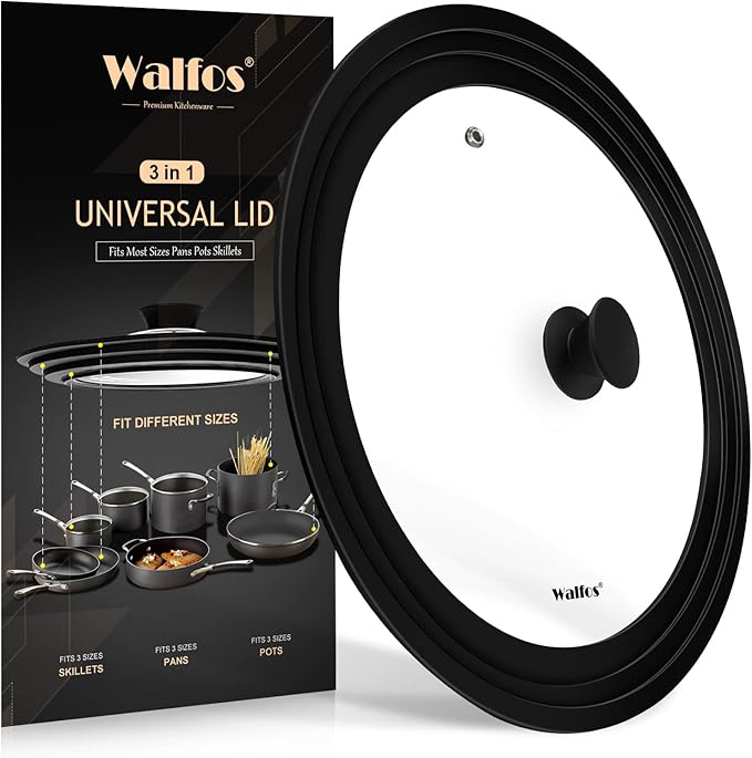 Universal Lid for Pots, Pans and Skillets Fits 10.5", 11.5" and 12" Diameter Cookware - Walfos Tempered Glass Pan Lid with Heat Resistant Silicone Rim, BPA Free Large Pot Lids, Dishwasher-Safe, Black