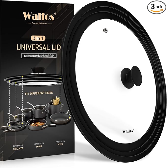 Walfos Universal Lid for 9.5", 10.5" and 11" Diameter Cookware, Fits Pots, Pans and Skillets - Walfos Tempered Glass Pan Lid with Heat Resistant Silicone Rim, BPA Free Pot Lids, Dishwasher-Safe, Black