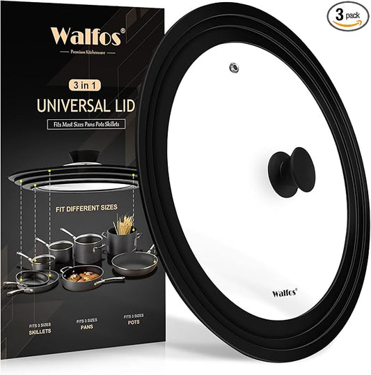 Walfos Universal Lid for 9.5", 10.5" and 11" Diameter Cookware, Fits Pots, Pans and Skillets - Walfos Tempered Glass Pan Lid with Heat Resistant Silicone Rim, BPA Free Pot Lids, Dishwasher-Safe, Black