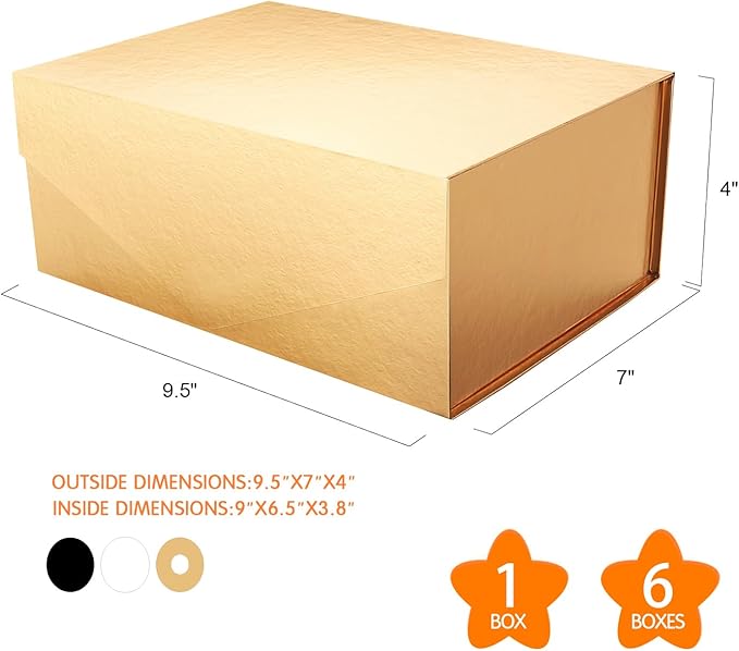 6 Gold Gift Boxes with Lids for Presents, Magnetic Closure Rectangle Collapsible Gift Boxes, Bridesmaids Proposal Boxes, Wedding, Birthday Gift Packaging (9x6.5x3.8 Inches)