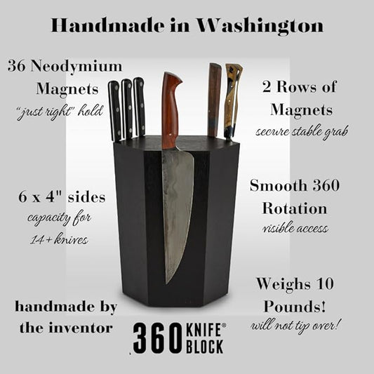 The 360KB ™ (Black) magnetic rotating knife block - handmade in Washington - shortest member of the 360 Knife Block ® family