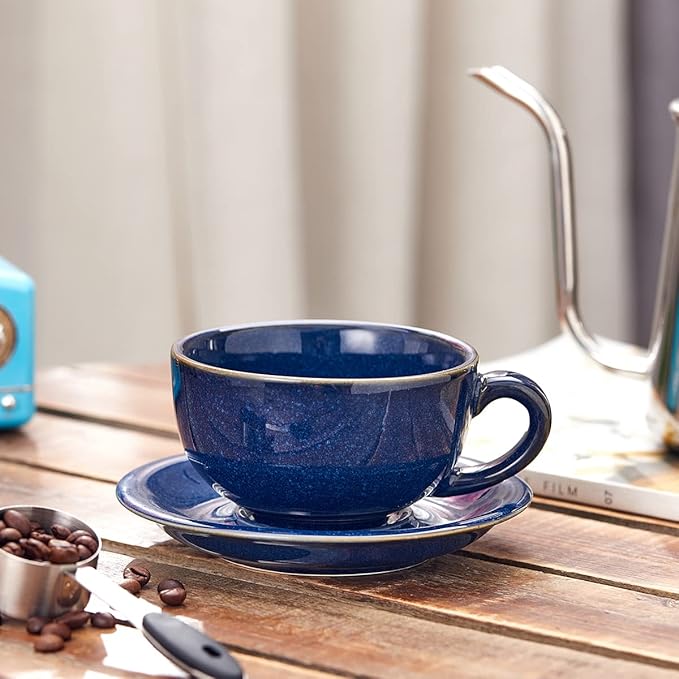 Vintage Design 12 oz Ceramic Latte Art Cappuccino Barista Cup with Saucer (Dark Blue)