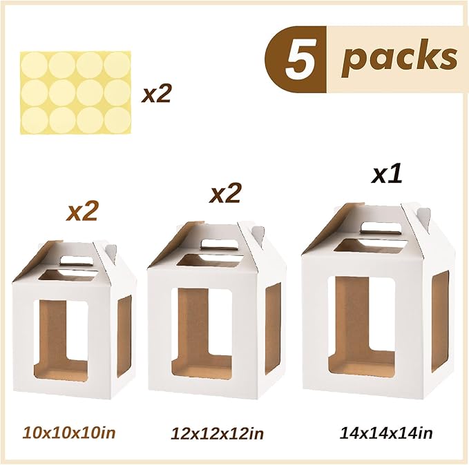 Tall Cake Boxes 6 Windows with handle, In 3 Size 10x10x10&12x12x12&14x14x14inch Cake Carrier,Square Cake box,Take Out Transport Containers for Wedding, Birthday, Party(5Pcs-White)