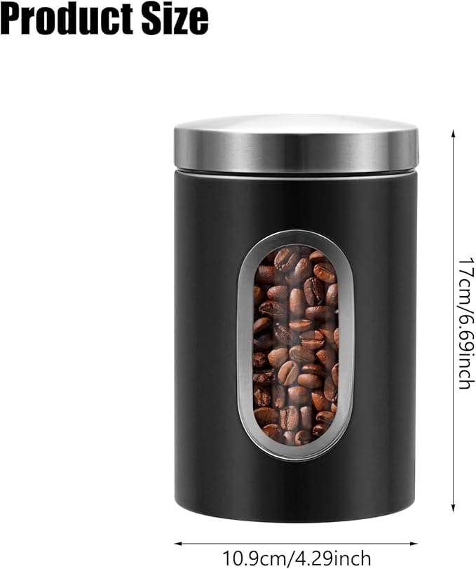 Canisters Sets for the Kitchen, 3pcs Sugar Flour Tea Coffee Storage Jars Stainless Steel Food Container Organizer for Kitchen Counter with Transparent Window (black)