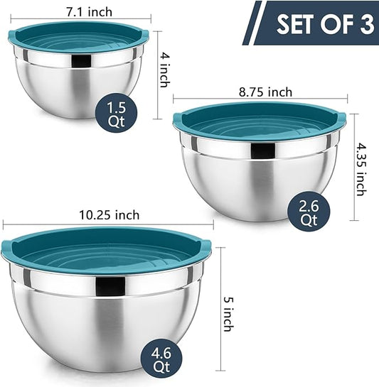 P&P CHEF Blue Mixing Bowls with Lids, Set of 3, Stainless Steel Salad Nesting Bowl for Mixing, Storing, Prepping, Airtight & Stackable, Size 4.6/3 /1.5 QT