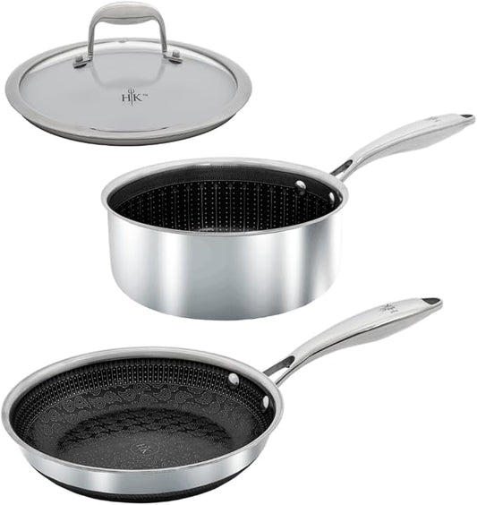 Hell's Kitchen Hybrid 3 Piece Set, 8-inch Frying Pan, 2.5 Qt Saucepan and Tempered Glass Lids, Tri-Clad Stainless Steel and PFAS-Free Ceramic Nonstick, Metal Utensil Safe, All Cooktops, Oven Safe