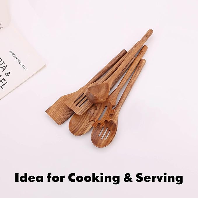 Acacia Wood Utensils Set - 6 Piece Handmade Wooden Spoons for Cooking, Natural Acacia Wood Kitchen Utensils for Non-stick Cookware, Turner, Serving Spoon, Slotted Spoon, Soup Ladle, Spaghetti