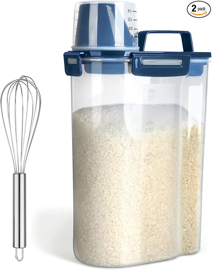 Rice Airtight Dry Food Storage Containers, BPA Free Plastic Storage Bin Dispenser with Pourable Spout, Measuring cup for Cereal, Flour and Baking Supplies Blue