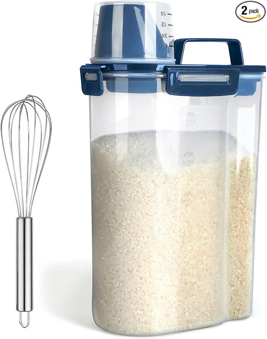 Rice Airtight Dry Food Storage Containers, BPA Free Plastic Storage Bin Dispenser with Pourable Spout, Measuring cup for Cereal, Flour and Baking Supplies Blue