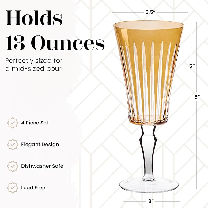 Vikko Water Glasses, Elegant Goblet with Stem, Timeless Collection 13 Ounce Unique Glass Cup for Fine Dining, Set of 4 Amber Glasses, Dishwasher Safe