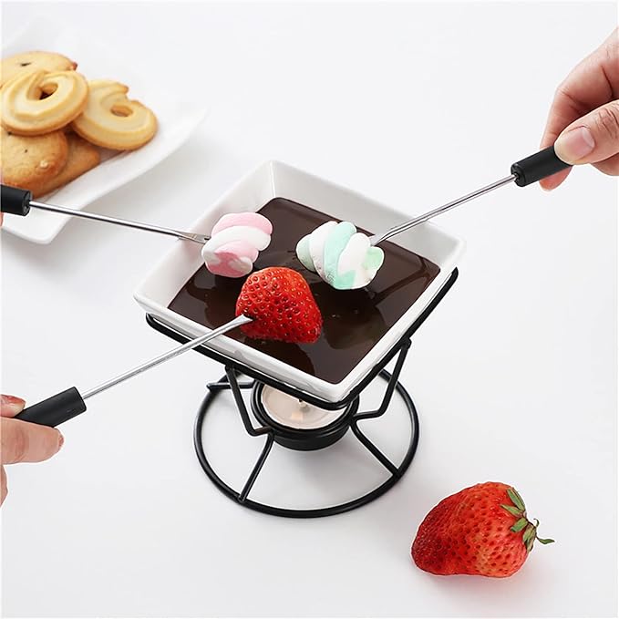 Ceramic Butter Warmers Personal Seafood Fondue Set with Shelf Candle Two Forks, Used for Melted Sauce Keeps Heat, 10 * 9.5cm