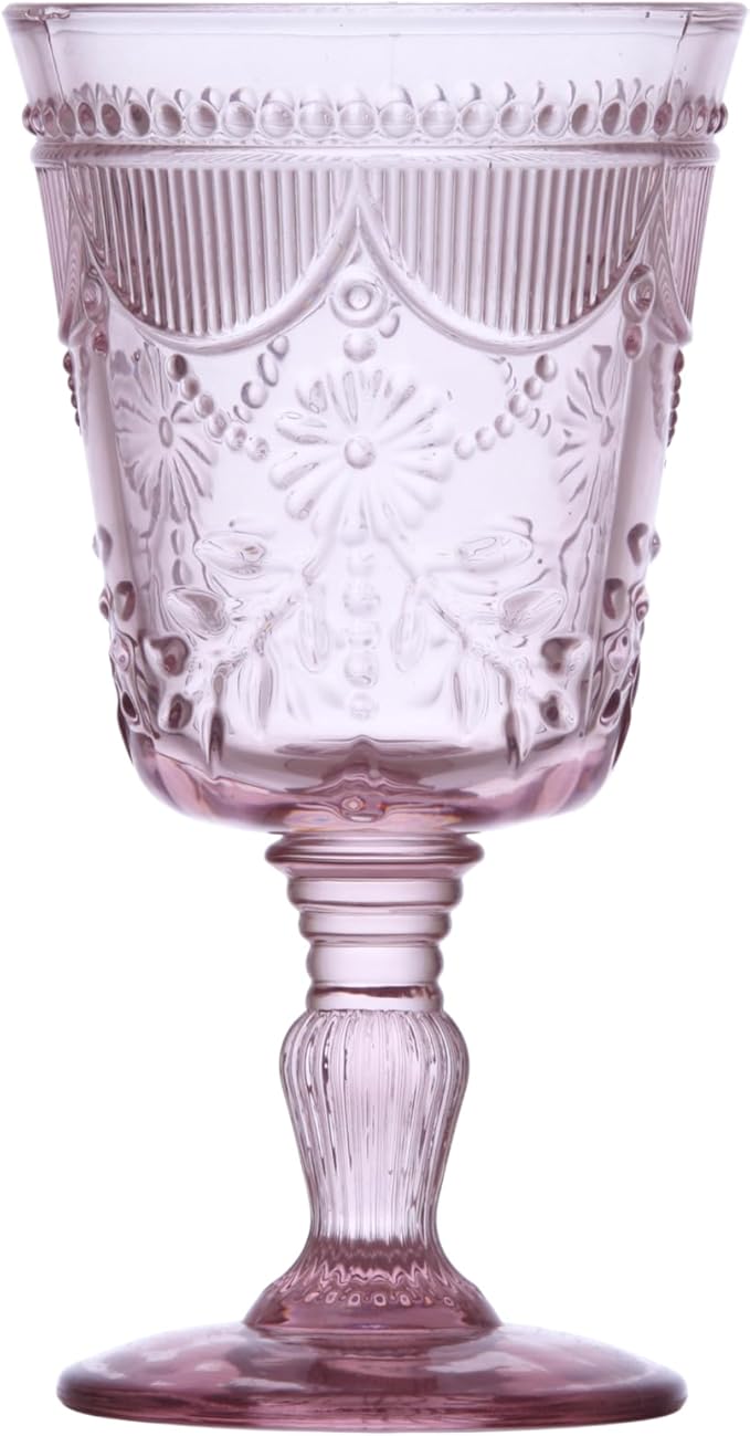 FORTESSA Debutante Vintage Themed Glassware, 10 Ounce Water Goblets (Set of 6), Dishwasher-Safe Water Glasses, Pink