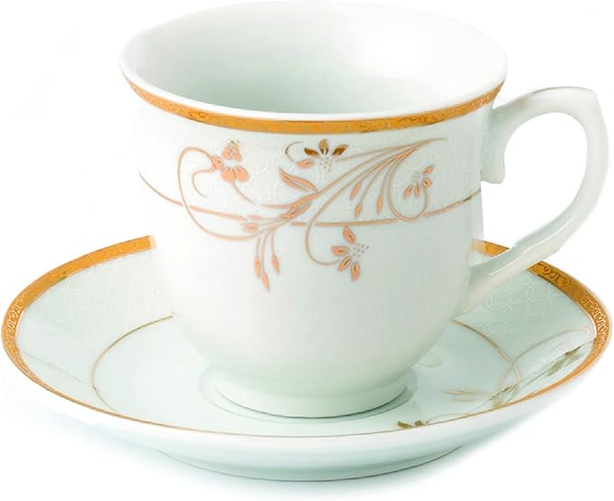 World Gifts Elegant Durable and Colorful Porcelain Tea-Coffee Cups and Saucers Set - Gold Floral Design, Set of 4
